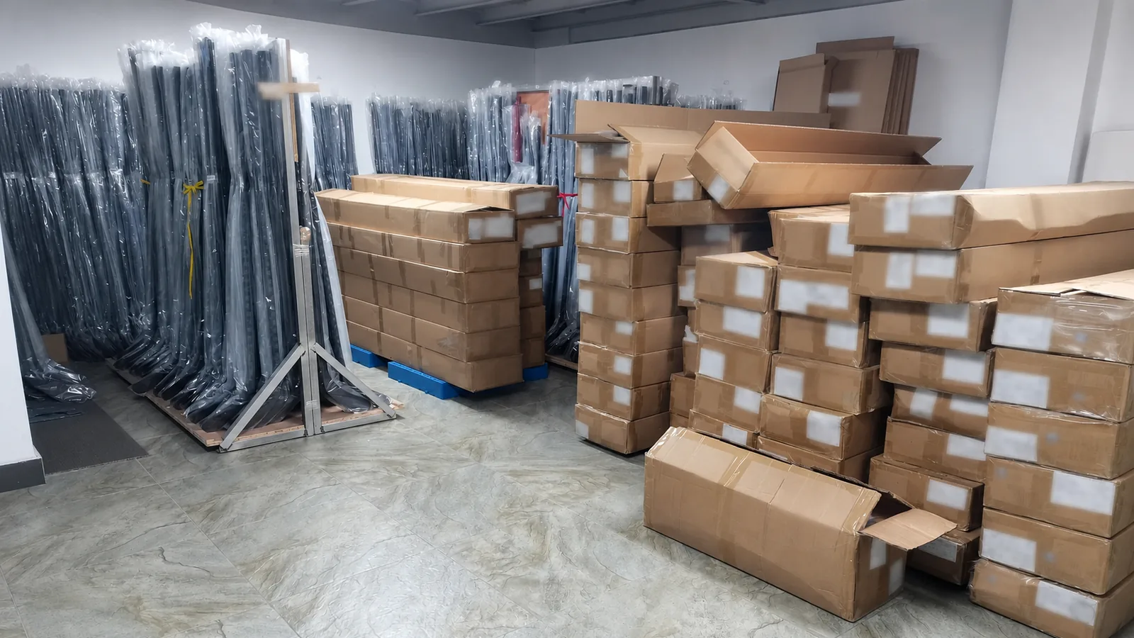 Hockey stick inventory and packed cartons in the HockeySourcing warehouse